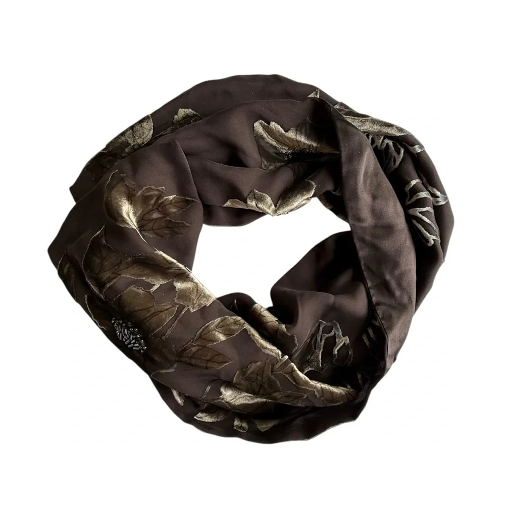 Ellen Tracy Brown Silk Velvet Beaded Floral‎ Embroidered Scarf